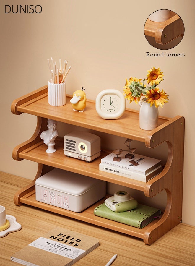 3 Tiers Desktop Shelf Organizer, Multi-Purpose Tabletop Bookshelf, Space-Saving Display Stand for Books & Decor, Sturdy Wooden Desk Organizer Countertop Organizer for Home, Office ,Workstation, Living Room